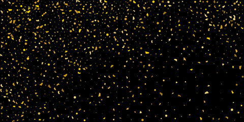 Golden glitter confetti on a black background. Illustration of a drop of shiny particles. Decorative element. Luxury background for your design, cards, invitations, gift, vip.