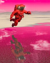 astronaut is floating over with reflection on water in the desert of another planet after rain