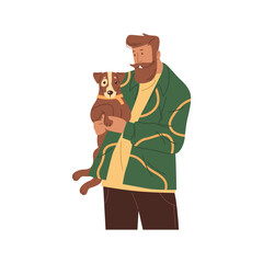 Man with cute dog or puppy, vector icon or clipart