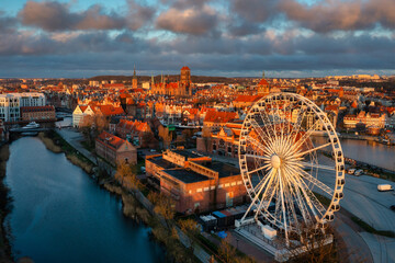 Aerial view of the beautiful Gdansk city at sunrise, Poland - obrazy, fototapety, plakaty