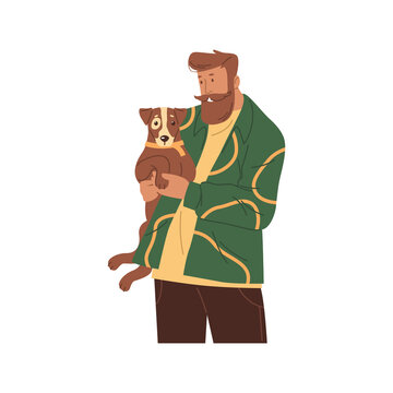 recommend clip art: Man with cute dog or puppy, vector icon or clipart