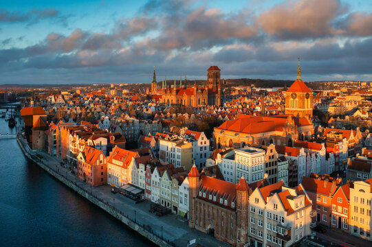 Aerial view of the beautiful Gdansk city at sunrise, Poland