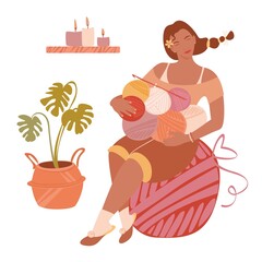 Woman holding the hook and big cotton yarn bundle. Handmade, hobby and knitting theme. Trendy hand-drawn vector cartoon flat illustration isolated on white background.