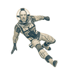 Fototapeta na wymiar retro space astronaut is doing a parkour attack pose