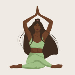 Black woman doing yoga exercises vector illustration. Female character meditation on lotus pose.