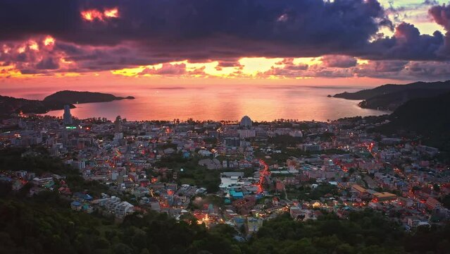 Patong beach Phuket Thailand. Sunset city view of resorts and tourist area