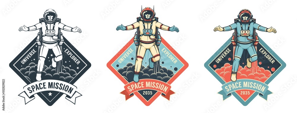 Wall mural vintage space badge with astronaut in spacesuit. cosmonaut with jetpack - vintage logo. vector image