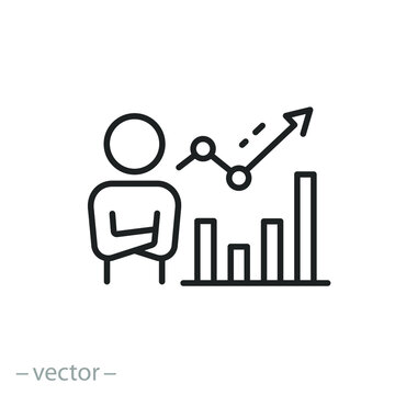 broker icon, growth stock market, profit analytics chart, financial data, thin line symbol on white background - editable stroke vector illustration