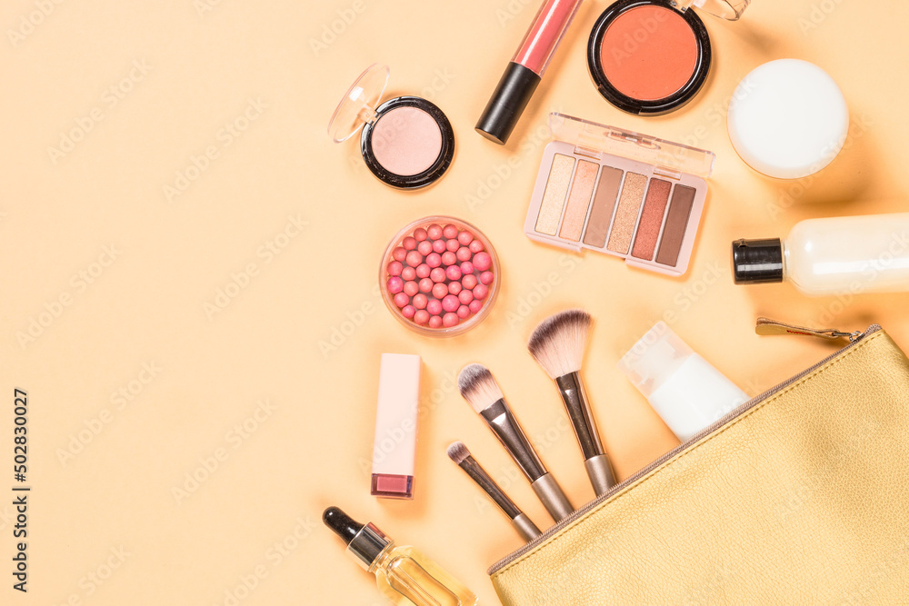 Wall mural make up products. professional cosmetics at color background. flat lay image with copy space.