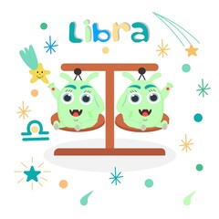 Cute cartoon zodiac monster Libra. Against the background of cosmic attributes, stars, shooting star, zodiac sign. Great print for kids clothes. Postcard for congratulations.
