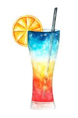 Cocktail watercolor illustration. Alcoholic cocktail. Multicolored cocktail. Drink. Cup. Aesthetic. Slice of lemon. Party. Illustration isolated. For printing on postcard, sticker, invitation, menu.