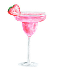 Pink cocktail watercolor illustration. Alcoholic cocktail. Strawberry cocktail. Drink. Glass. Aesthetic. Party. Illustration isolated. For printing on postcards, stickers, invitations, menus.
