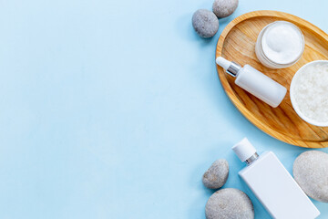 White packaging for cosmetic products, flatlay. Makeup white cosmetic