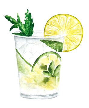 Mojito cocktail watercolor illustration. Alcoholic cocktail. Cocktail with lemon and ice. Drink. Beach cocktail. Party. Illustration isolated. For printing on postcards, stickers, invitations, menus.