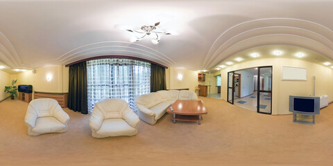 seamless 360 panorama in interior of living room of cheap hotel,  flat or apartments with sofa...