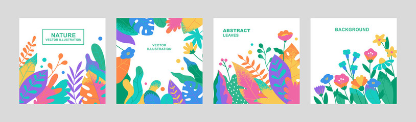 Fototapeta na wymiar Set of cards with simple leaves and flowers. Abstract foliage design. Modern floral collection in flat style. Vector illustration.