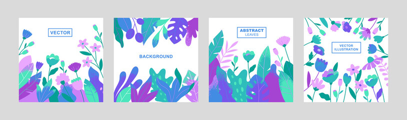 Set of cards with simple leaves and flowers. Abstract foliage design. Modern floral collection in flat style. Vector illustration.