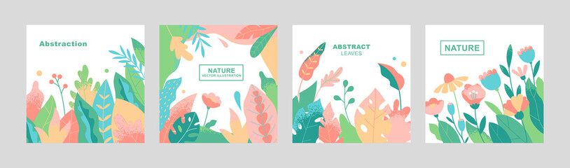 Set of cards with simple leaves and flowers. Abstract foliage design. Modern floral collection in flat style. Vector illustration.