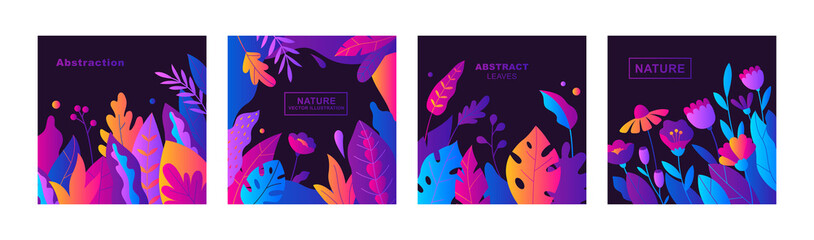 Obraz premium Set of cards with simple leaves and flowers. Abstract foliage design. Modern floral collection in flat style. Vector illustration.