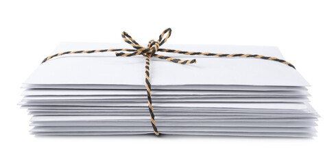 Stack of letters wrapped with rope on white background