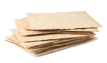 Stack of old letters on white background