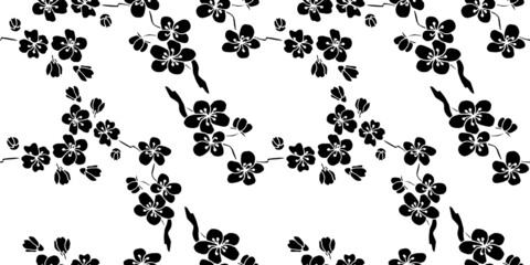 Black sakura  seamless pattern. Vector illustration in boho style for wrapping paper, textile, backgrounds.