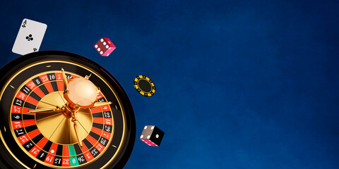 Casino online. 3d render roulette wheel, aces play cards, chips and playing dices on blue background. Gambling concept design. 3d rendering illustration..