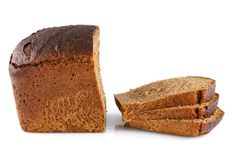 Loaf of black bread isolated on white. Close-up. Full depth of field.
