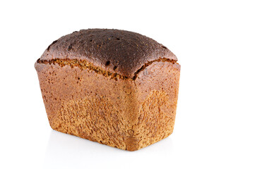 Loaf of black bread isolated on white. Close-up. Full depth of field.