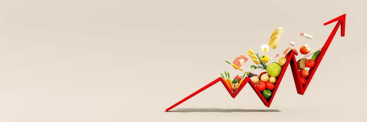 Food cost rising concept. Groceries and red arrow pointing up 3D Rendering, 3D Illustration - obrazy, fototapety, plakaty