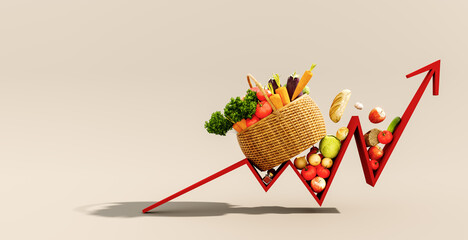 Food cost rising concept. Basket full of groceries and red arrow pointing up 3D Rendering, 3D Illustration	 - obrazy, fototapety, plakaty