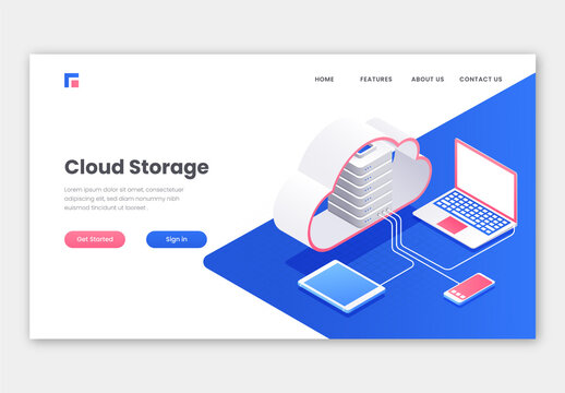 Landing Page Design 3D Cloud Server Connected with Digital Devices for Cloud Storage Concept