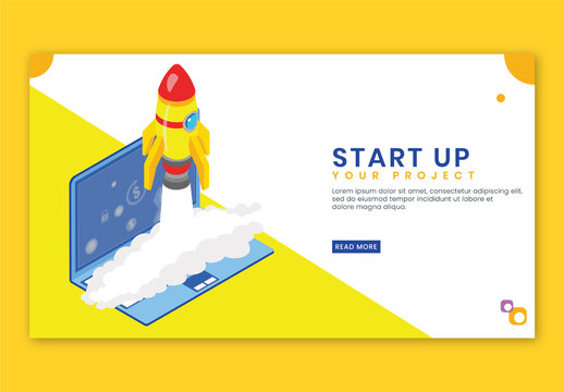 Landing Page Design Successful Launching a Project of Rocket from Laptop for Startup Concept