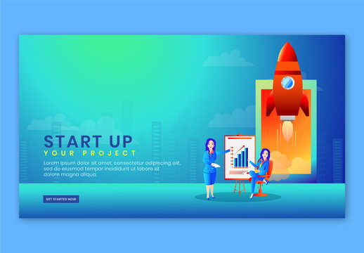 Landing Page Design for Startup Your Project Concept Businesswomen with Rocket Launching in Smartphone