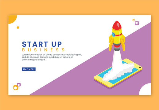 Startup Business Concept Based Landing Page with Successful Launching a Project of Rocket from Smartphone
