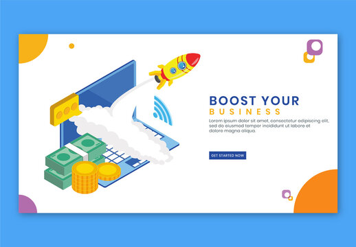 Boost Your Business Landing Page with Successful Launching a Project of Rocket from Laptop and Money Stack