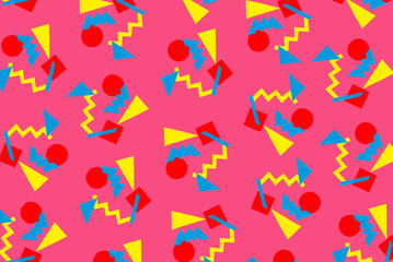 Obraz premium Creative geometric shapes made of vibrant colorful paper on pink background. Abstract seamless design. Retrowave concept. Pop art.