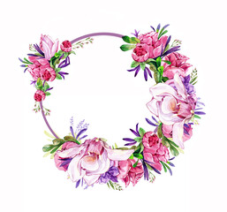 Watercolor wreath of peonies and magnolias on purple circle isolated on  white background.