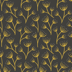 Seamless floral pattern. Dark background with stylised plants. Simple botanical wallpaper and vector 