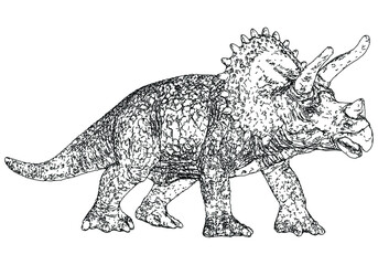 Triceratops big dangerous dino dinosaur. Cartoon character illustration drawing engraving ink line art vector. Isolated white background for print design t shirt clothes sticker poster badge.