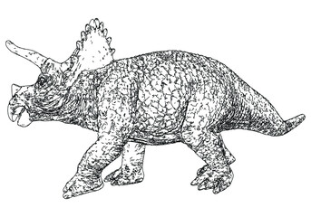 Triceratops big dangerous dino dinosaur. Cartoon character illustration drawing engraving ink line art vector. Isolated white background for print design t shirt clothes sticker poster badge.