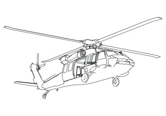 Military helicopter drawing line art vector illustration. Cartoon helicopter drawing for coloring book for kids and children. © kurtcan