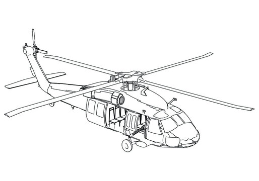 Military helicopter drawing line art vector illustration. Cartoon helicopter drawing for coloring book for kids and children.