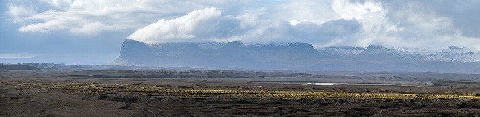 Iceland autumn tundra landscape near Haoldukvisl glacier, Iceland. Glacier tongue slides from the Vatnajokull icecap or Vatna Glacier near subglacial Esjufjoll volcano. Not far from Iceland Ring Road.