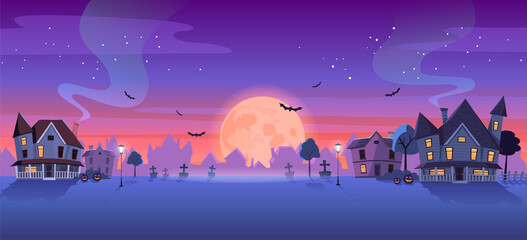 Halloween night in the small town street landscape colorful illustration