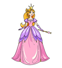 Fototapeta premium Princess standing in beautiful dress with magic wand. Charming fairy tale girl. Cartoon character colorful vector illustration. Book design element or apparel print. Black line art and color fill