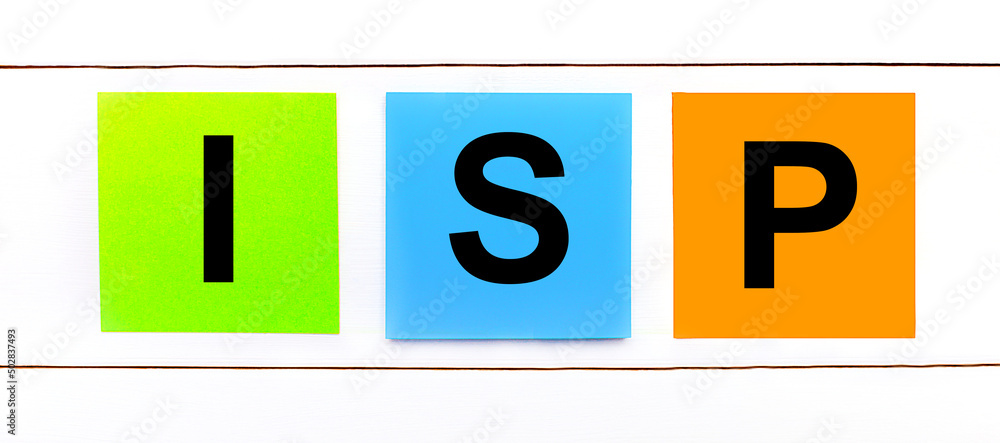 Poster on a white wooden background there are three colorful bright stickers with text isp internet service
