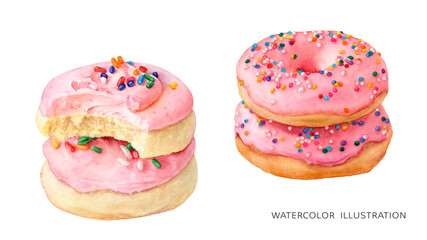 Sweet desserts watercolor isolated on white background. Sugar cookies and glazed donuts