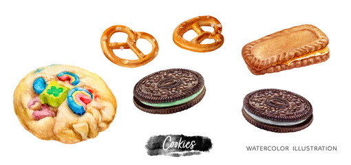 Sweet desserts watercolor isolated on white background. Cookies, pretzels