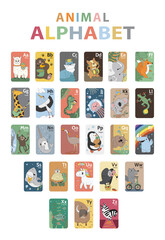 Animal alphabet poster set design. Funny cute kawaii animals ABC letters for kids on cards. Vertical poster for teaching at school, kindergarten. Decoration for the children's room. Baby illustration